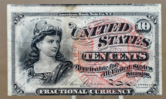 Authentic 1863 2nd Issue 10 Cent Fractional Error Note - Misalignment Error Fractional Note - 1863 US Fractional Ten Cents Note - Fr#1257
