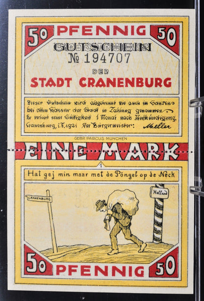 1921 Cranenburg Germany 1 Mark Perforated Notgeld - 2 50 Pfennig Notes - German Emergency Currency - 1921 German Municipality One Mark Note
