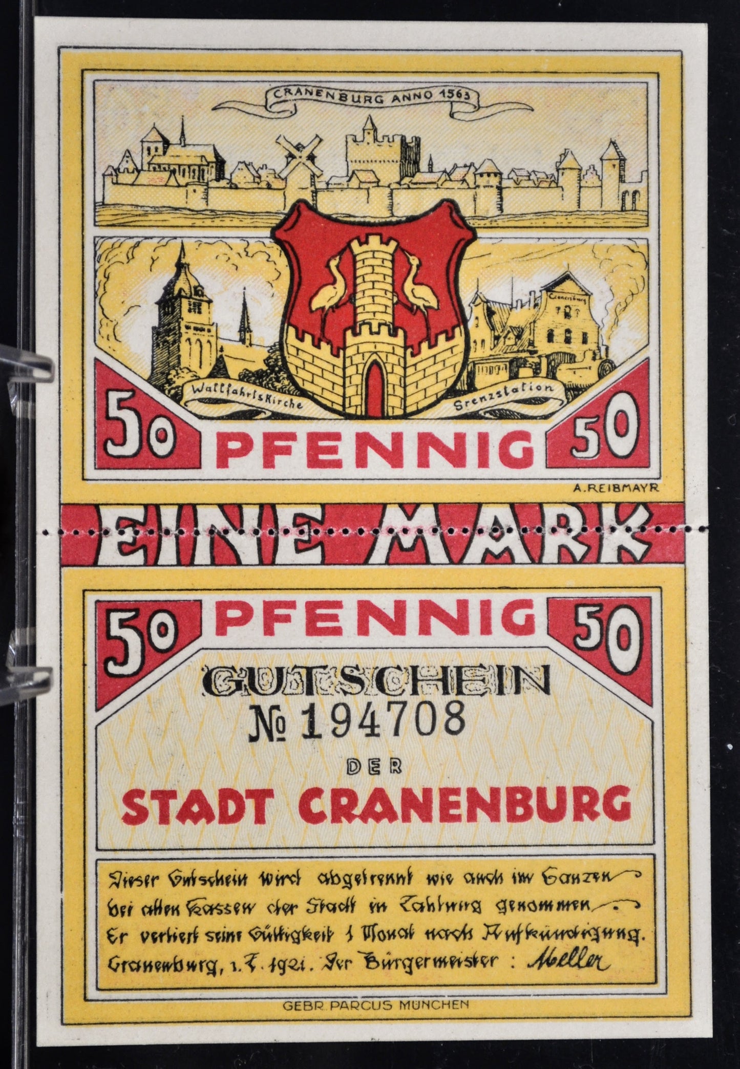 1921 Cranenburg Germany 1 Mark Perforated Notgeld - 2 50 Pfennig Notes - German Emergency Currency - 1921 German Municipality One Mark Note