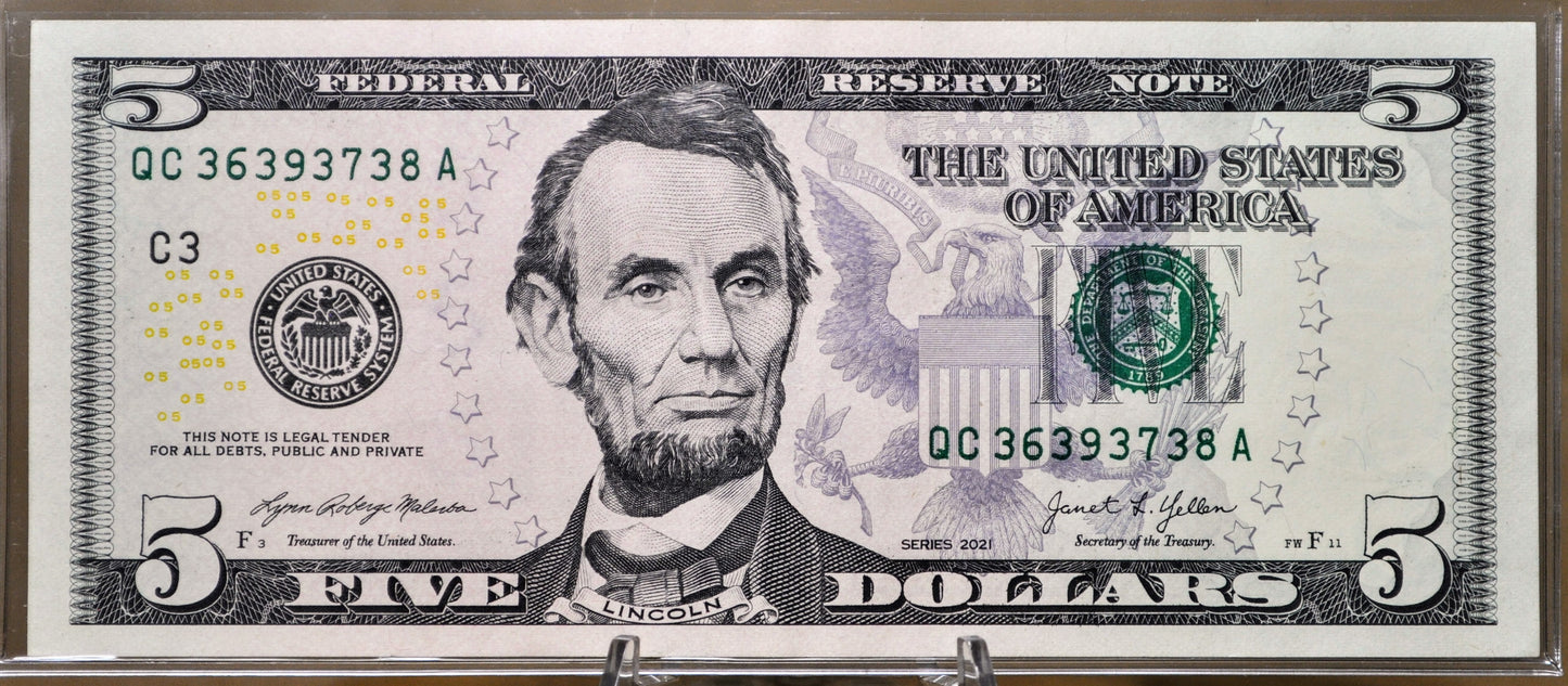 2021 Fancy Stuck Digit Serial Number Federal Reserve 5 Dollar Note - 36393738 - 2021 Five Dollars Fancy Serial Banknote - Fr.1999-C