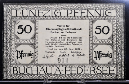 1921 Buchau am Federsee Germany 50 Pfennig Notgeld - Large Size Note - German Emergency Currency - Rarer 1921 German Fifty Pfennig Note