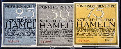 1921 Hameln Germany 25, 50, 75 Pfennig Notgeld Set - Near Complete Set - German Emergency Currency - 1921 German Pfennig Note Trio