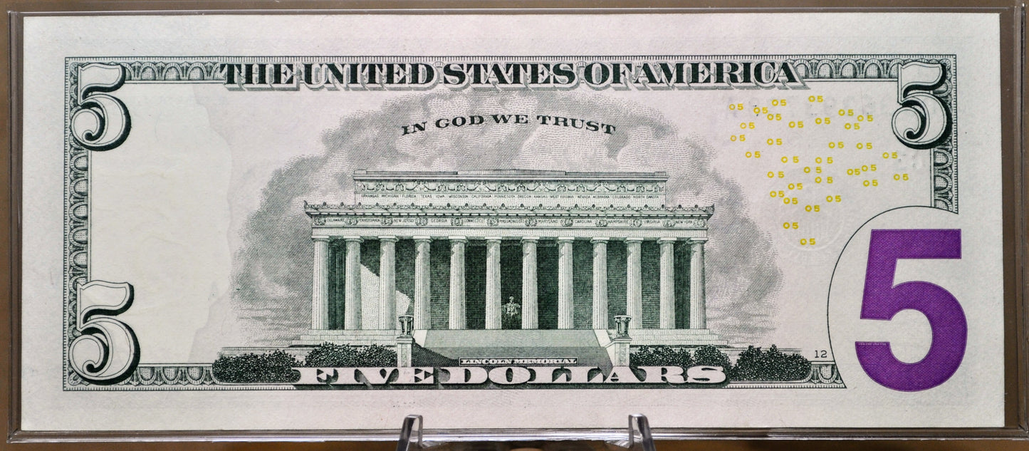 2021 Fancy Stuck Digit Serial Number Federal Reserve 5 Dollar Note - 36393738 - 2021 Five Dollars Fancy Serial Banknote - Fr.1999-C