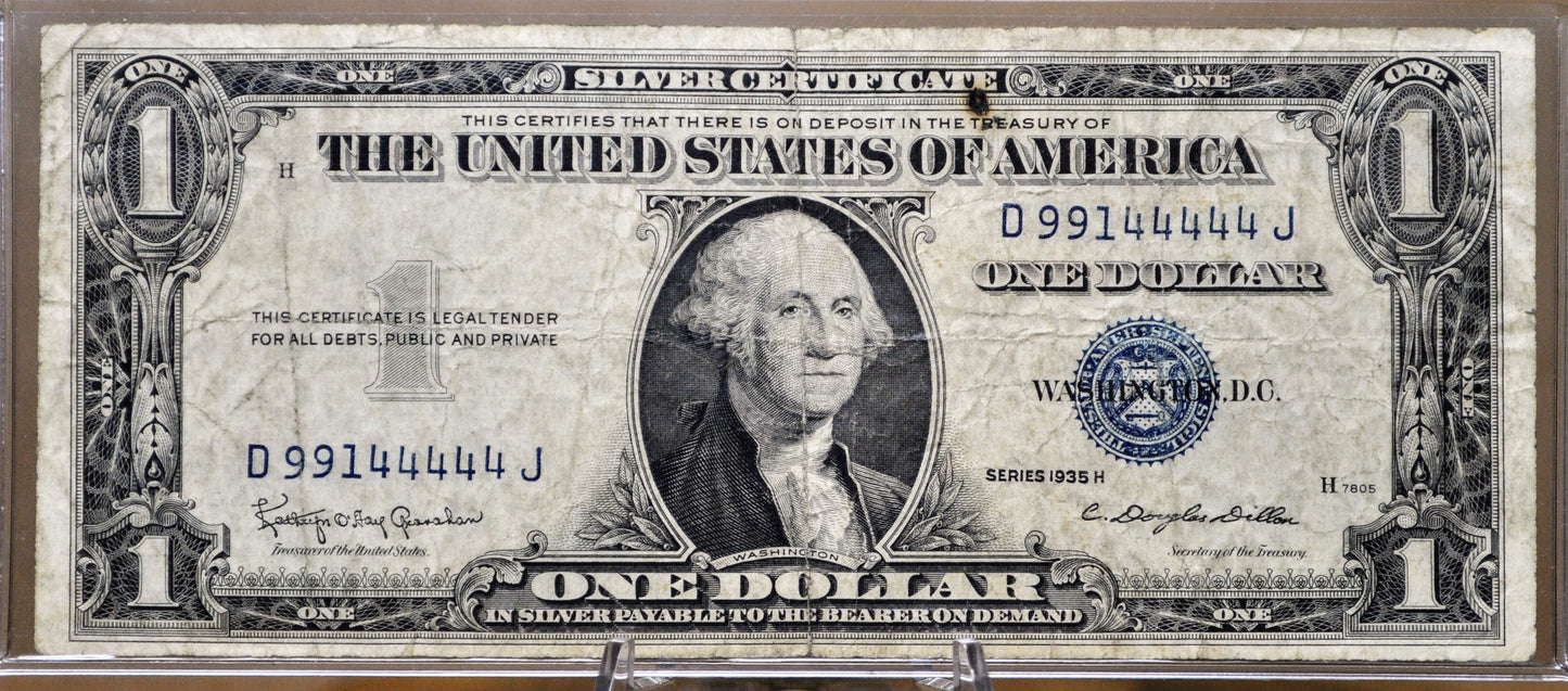 1935-H Fancy Solid Repeating Serial Silver Cert 1 Dollar Note - 99144444 - 1935H Blue Seal One Dollar Fancy Serial Number Note - Fr.1618