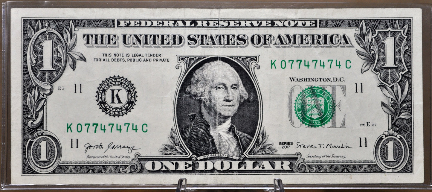 2017 Fancy Binary Pattern Serial Number 1 Dollar Note - 07747474 - 2017 One Dollar Cool Serial Number Note - Fr.3004-K