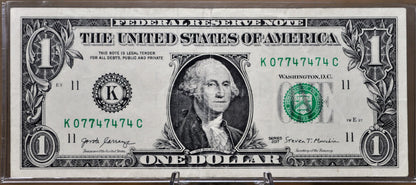 2017 Fancy Binary Pattern Serial Number 1 Dollar Note - 07747474 - 2017 One Dollar Cool Serial Number Note - Fr.3004-K
