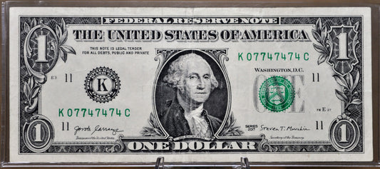 2017 Fancy Binary Pattern Serial Number 1 Dollar Note - 07747474 - 2017 One Dollar Cool Serial Number Note - Fr.3004-K