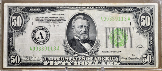1934 Federal Reserve 50 Dollar Note - Light Green Seal - VF+ Grade - Boston MA (A) - 1934 Fifty Dollar Federal Reserve Note - Fr.2102-A