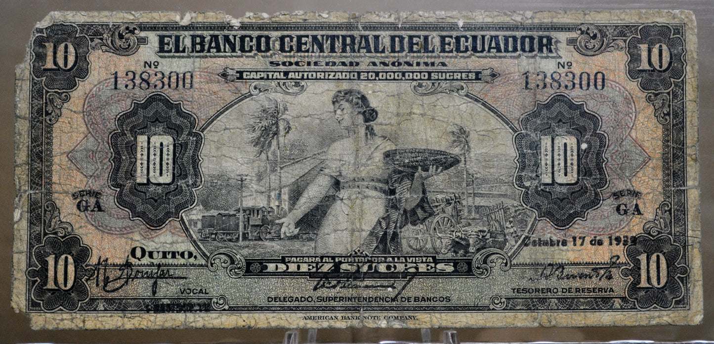 RARE 1939 Banco Central Del Ecuador 10 Sucres Note - Scarce Early Date, Presidente Overprint - 1939 Ecuadorian Diez Ten Sucres Note - P#92a