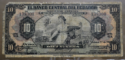 RARE 1939 Banco Central Del Ecuador 10 Sucres Note - Scarce Early Date, Presidente Overprint - 1939 Ecuadorian Diez Ten Sucres Note - P#92a