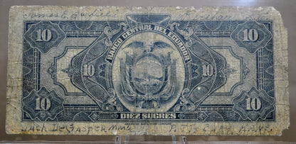 RARE 1939 Banco Central Del Ecuador 10 Sucres Note - Scarce Early Date, Presidente Overprint - 1939 Ecuadorian Diez Ten Sucres Note - P#92a