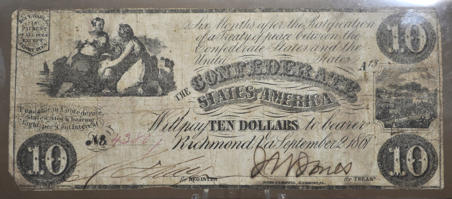 1861 Confederate States of America 10 Dollar Note - VF+, Cancelled - 1861 Confederacy Ten Dollars Obsolete Note - T-28 / CS-28