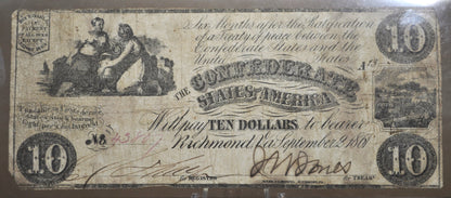 1861 Confederate States of America 10 Dollar Note - VF+, Cancelled - 1861 Confederacy Ten Dollars Obsolete Note - T-28 / CS-28