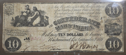 1861 Confederate States of America 10 Dollar Note - VF+, Cancelled - 1861 Confederacy Ten Dollars Obsolete Note - T-28 / CS-28