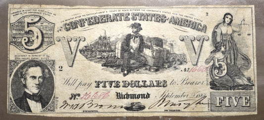 1861 Confederate States of America 5 Dollar Note - Second Series - Rarer 1861 Richmond VA Confederacy Five Dollar Bill - T-37 / CS-37