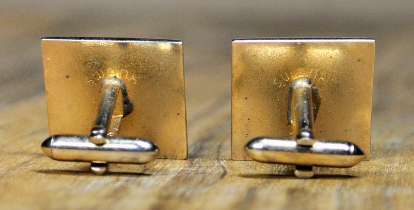 Elegant Swank Gold Toned Fleur de Lis Pattern Cufflinks Pair - Vintage Swank Signed Square Fleur de Lis Cufflinks