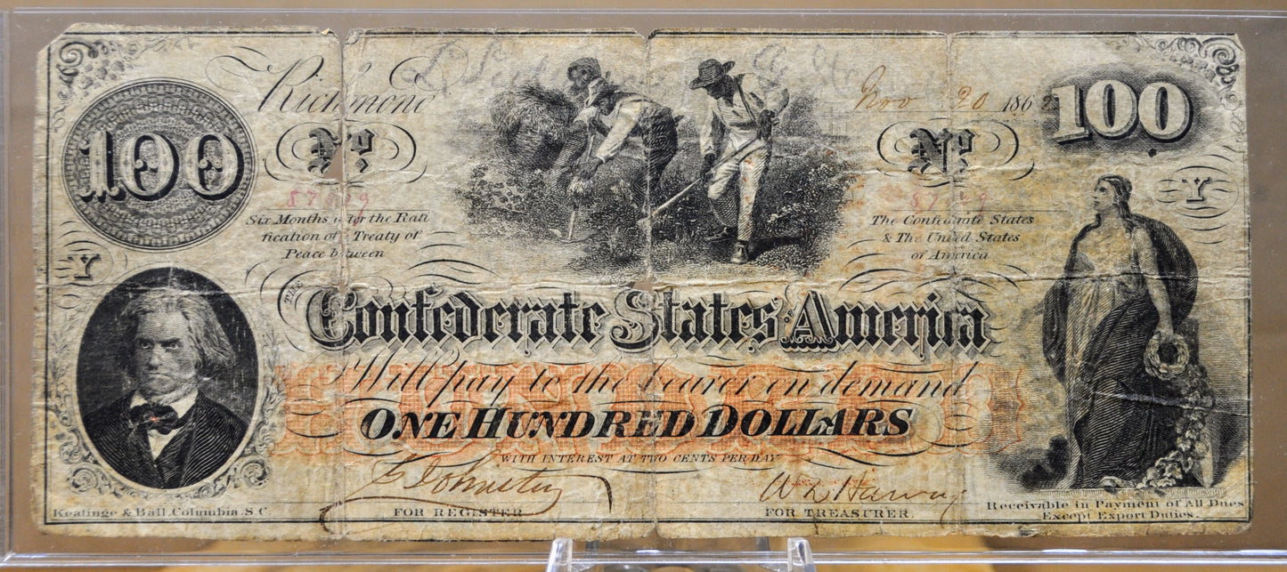 1862 Confederate States 100 Dollar Notes - Two Notes/Double Sided - 1862 Civil War CSA One Hundred Dollar Banknotes - CS-41/T-41