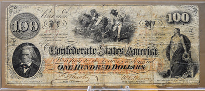 1862 Confederate States 100 Dollar Notes - Two Notes/Double Sided - 1862 Civil War CSA One Hundred Dollar Banknotes - CS-41/T-41