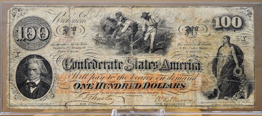 1862 Confederate States 100 Dollar Notes - Two Notes/Double Sided - 1862 Civil War CSA One Hundred Dollar Banknotes - CS-41/T-41