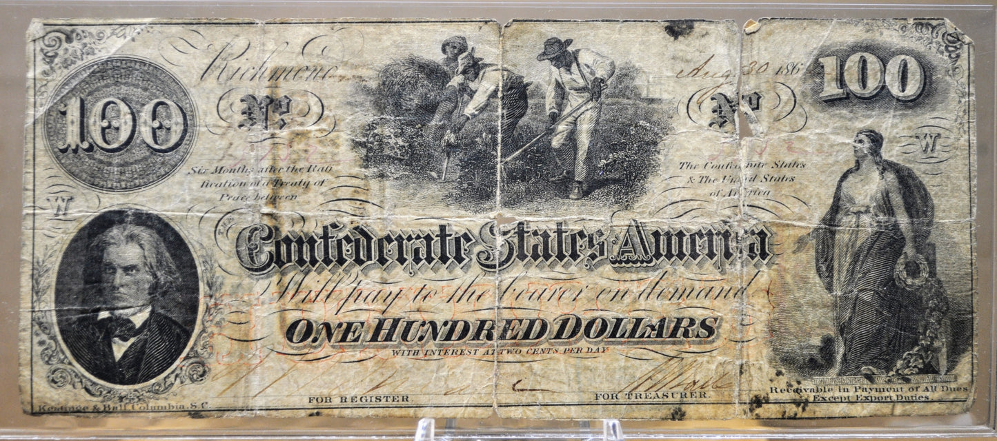 1862 Confederate States 100 Dollar Notes - Two Notes/Double Sided - 1862 Civil War CSA One Hundred Dollar Banknotes - CS-41/T-41