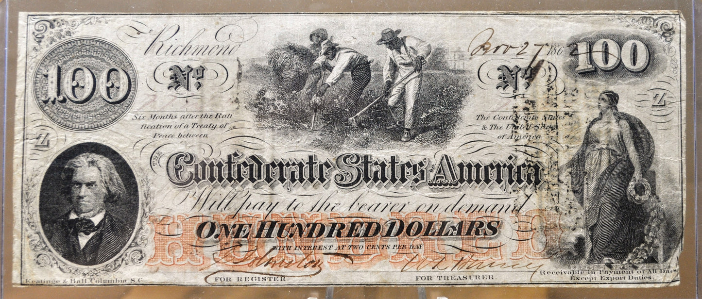 1862 Confederate States 100 Dollar Note - Interest Paid Stamps on Reverse - 1862 Civil War CSA One Hundred Dollar Banknote - CS-41/T-41