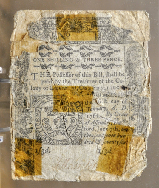 June 7th, 1776 Connecticut 1 Shilling 3 Pence Colonial Currency Note - Reinforced Back - 1776 One Shilling Three Pence CT Note - CT-195