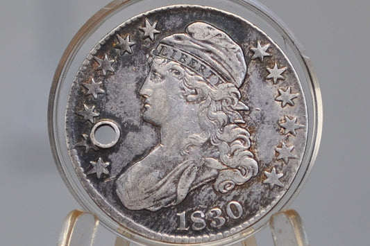 1830 Capped Bust Half Dollar - Very Unique Coin - AU Details, Holed, Luster, Rainbow Toning, Off-Center Strike - Eye Catching - 1830 Half Dollar
