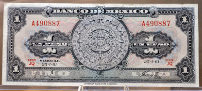 Bank of Mexico 1 Peso Bank Note - Aztec Calendar Design - Choose by Year - Banco de Mexico One Peso Aztec Calander Note - 1948-1965