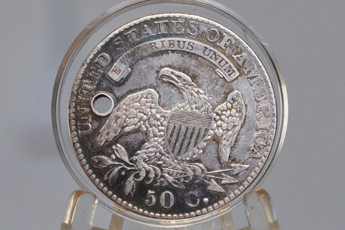1830 Capped Bust Half Dollar - Very Unique Coin - AU Details, Holed, Luster, Rainbow Toning, Off-Center Strike - Eye Catching - 1830 Half Dollar