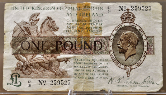 RARE 1922-23 United Kingdom of Great Britain and Ireland 1 Pound Note - Subscript Series - 1922 United Kingdom One Pound Note - P#359