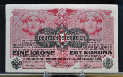1919 (1916) Austria-Hungary 1 Krone Note - 1919 Austria Overprint - 8 Languages Issue - 1916 Austria-Hungary One Krone Stamped Note - P#49