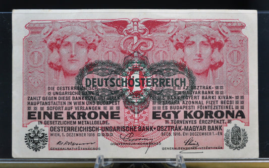 1919 (1916) Austria-Hungary 1 Krone Note - 1919 Austria Overprint - 8 Languages Issue - 1916 Austria-Hungary One Krone Stamped Note - P#49