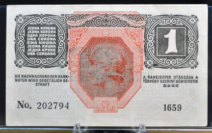 1919 (1916) Austria-Hungary 1 Krone Note - 1919 Austria Overprint - 8 Languages Issue - 1916 Austria-Hungary One Krone Stamped Note - P#49