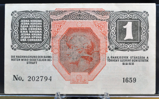 1919 (1916) Austria-Hungary 1 Krone Note - 1919 Austria Overprint - 8 Languages Issue - 1916 Austria-Hungary One Krone Stamped Note - P#49