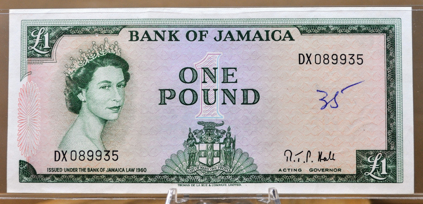 1964 Bank of Jamaica 1 Pound Banknote - Rarer Acting Governor Title - Queen Elizabeth II - 1964 British Jamaica One Pound Note - P#51Cc