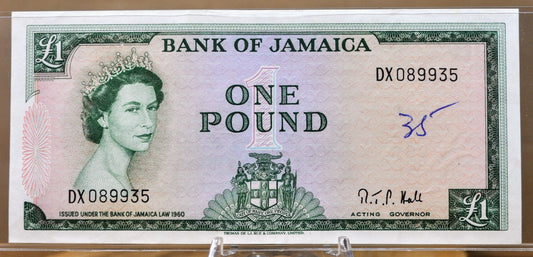 1964 Bank of Jamaica 1 Pound Banknote - Rarer Acting Governor Title - Queen Elizabeth II - 1964 British Jamaica One Pound Note - P#51Cc