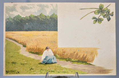 1900s Mailick Artist 4-Leaf Clover Woman in Hayfield Postcard - Signed by Alfred Mailick - Antique Rarer Lucky Clover Hayfield Postcard