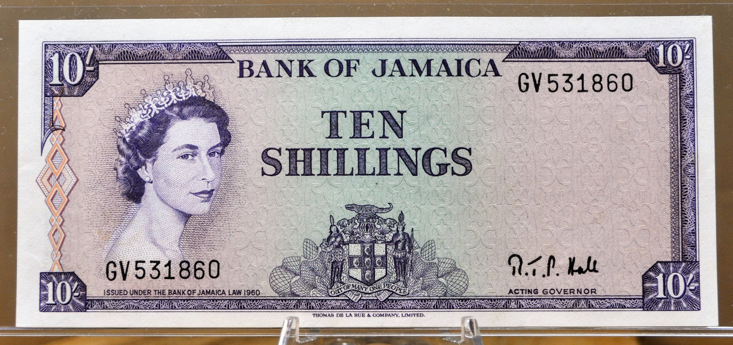 1964 Bank of Jamaica 10 Shillings Banknote - Queen Elizabeth II - Acting Governor Title - 1964 British Jamaica Ten Shilling Note - P#51Bc