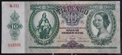 1936 Hungary Territories 10 Pengo Banknote - Magyar Nemzeti Bank - World War 2 Hungary Banknote - 1936 Hungarian Ten Pengo Note - P#113