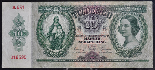 1936 Hungary Territories 10 Pengo Banknote - Magyar Nemzeti Bank - World War 2 Hungary Banknote - 1936 Hungarian Ten Pengo Note - P#113