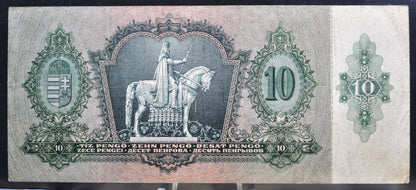 1936 Hungary Territories 10 Pengo Banknote - Magyar Nemzeti Bank - World War 2 Hungary Banknote - 1936 Hungarian Ten Pengo Note - P#113