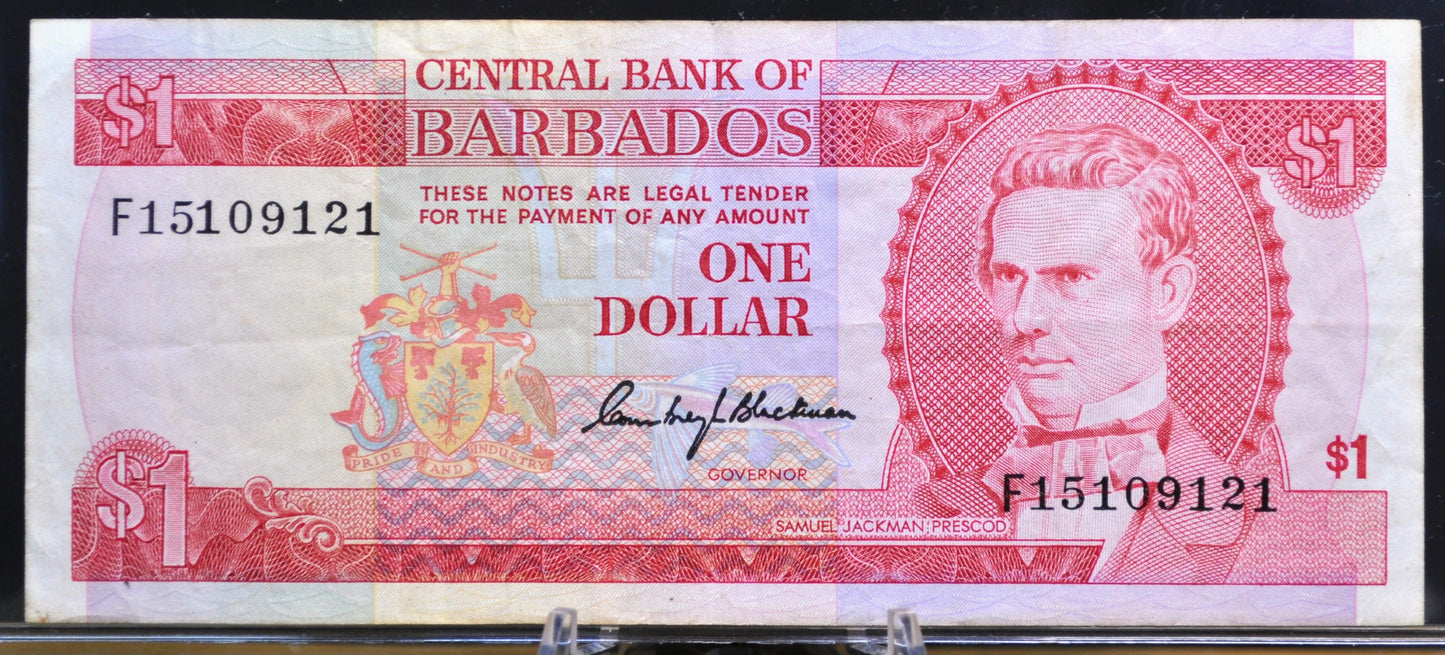 1973 Central Bank of Barbados 1 Dollar Banknote - C. Blackman Signature - Prescod Banknote - 1973 Barbados One Dollar Note - P#29a