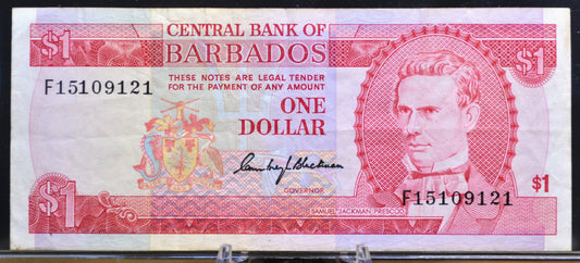 1973 Central Bank of Barbados 1 Dollar Banknote - C. Blackman Signature - Prescod Banknote - 1973 Barbados One Dollar Note - P#29a