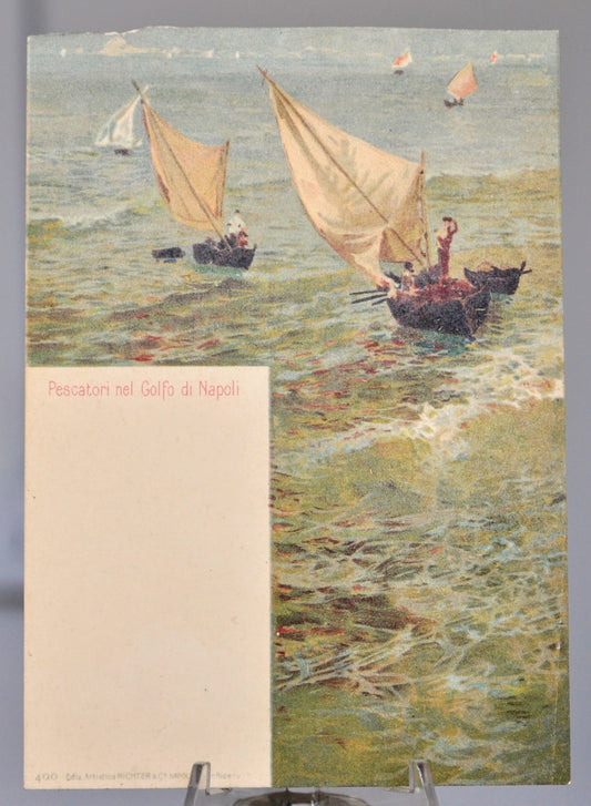1900s Pescatori nel Golfo di Napoli Italy Artist Postcard - Unposted/Blank - Antique Richter & Co Naples Gulf Italian Lithograph Postcard