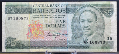 1975 Central Bank of Barbados 5 Dollar Banknote - C. Blackman Signature - Sir Frank Worrell Note - 1975 Barbados Five Dollar Note - P#32a