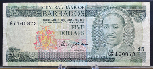 1975 Central Bank of Barbados 5 Dollar Banknote - C. Blackman Signature - Sir Frank Worrell Note - 1975 Barbados Five Dollar Note - P#32a