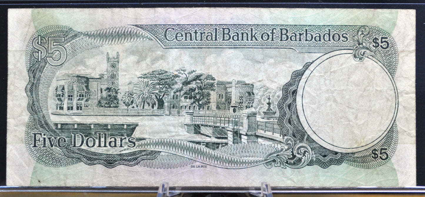 1975 Central Bank of Barbados 5 Dollar Banknote - C. Blackman Signature - Sir Frank Worrell Note - 1975 Barbados Five Dollar Note - P#32a