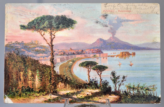 1905 Napoli Italy Panorama Artist Postcard - Naples Coast Mt. Vesuvius Scene - Antique Richter & Co Naples Italian Lithograph Postcard