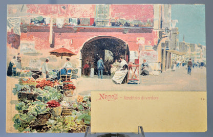 1900s Napoli Venditrici di Verdura Italy Artist Postcard - Antique Richter & Co Naples Market Italian Lithograph Postcard No. 398
