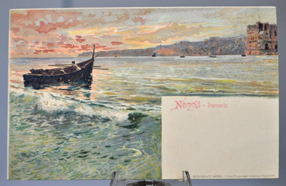 1900s Napoli Tramonto Italy Artist Postcard - Antique Richter & Co Bay of Naples Italian Lithograph Postcard No. 407